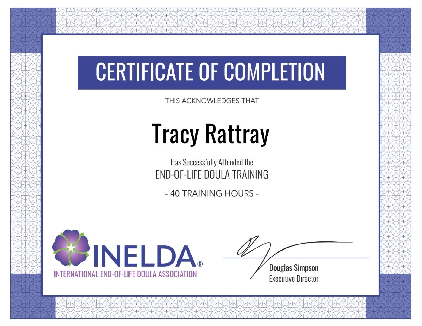 Certificate of completion for End-of-Life Doula training and INELDA (End of Life Doula Association)