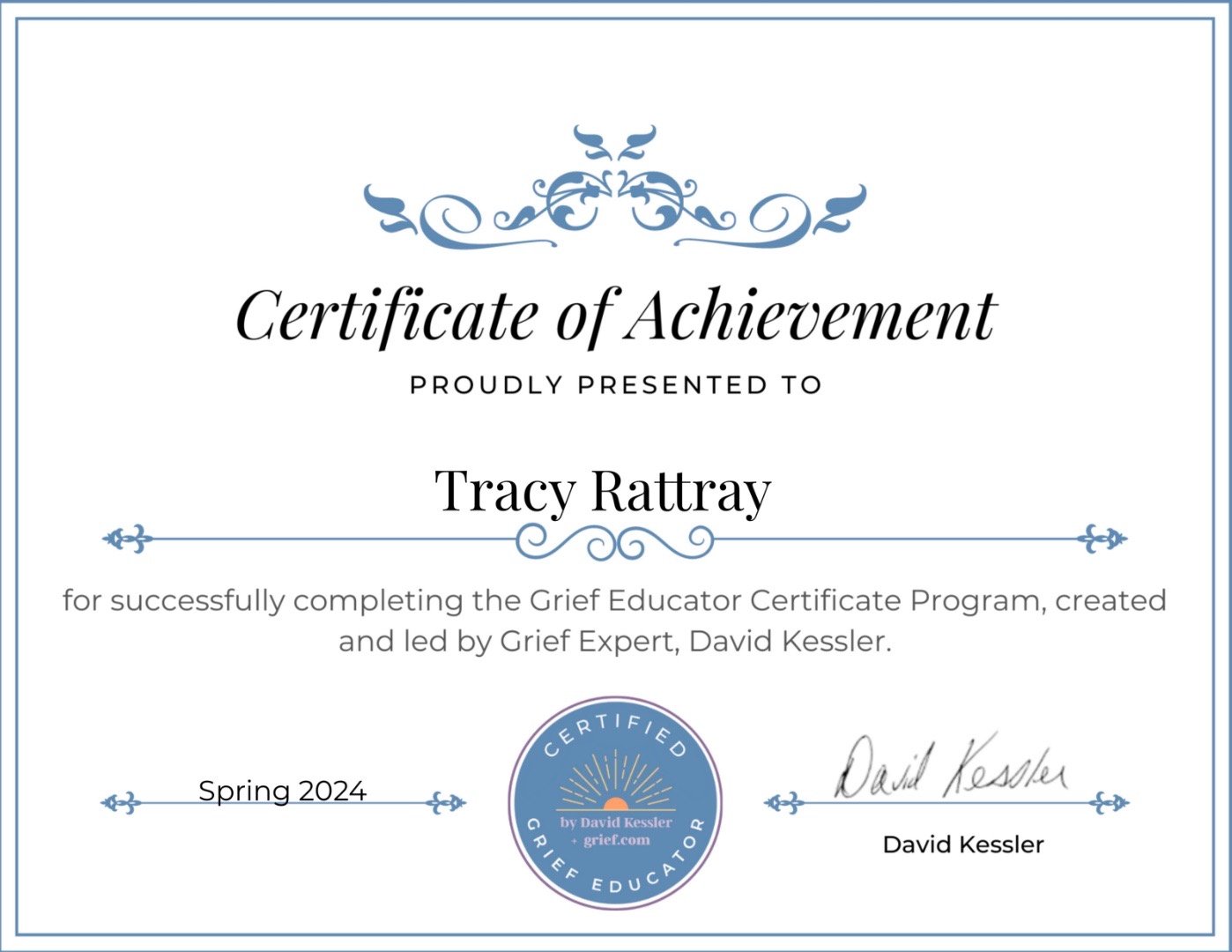 Certificated grief educators certificate from David Kessler