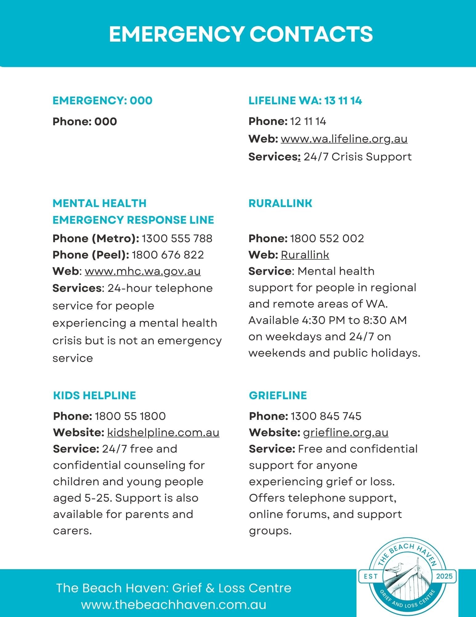 List of emergency contacts for those experiencing grief and loss