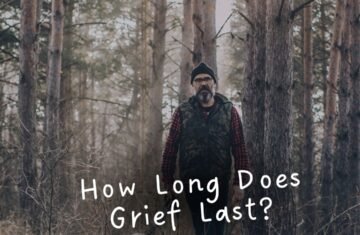 Man walking with a dog in the woods with the text "how long does grief last"