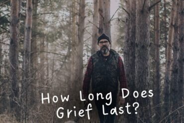 Man walking with a dog in the woods with the text "how long does grief last"