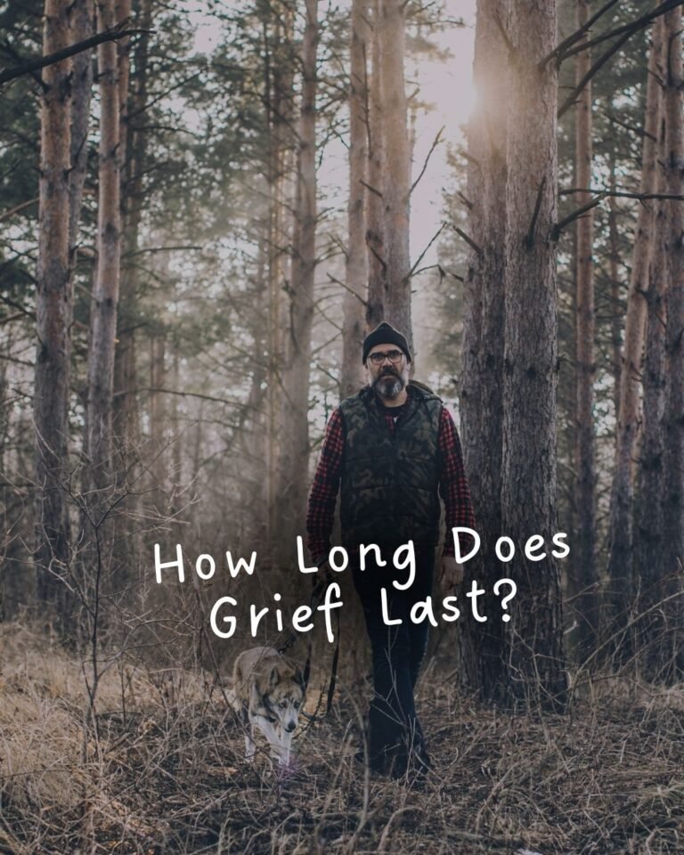 Man walking with a dog in the woods with the text "how long does grief last"