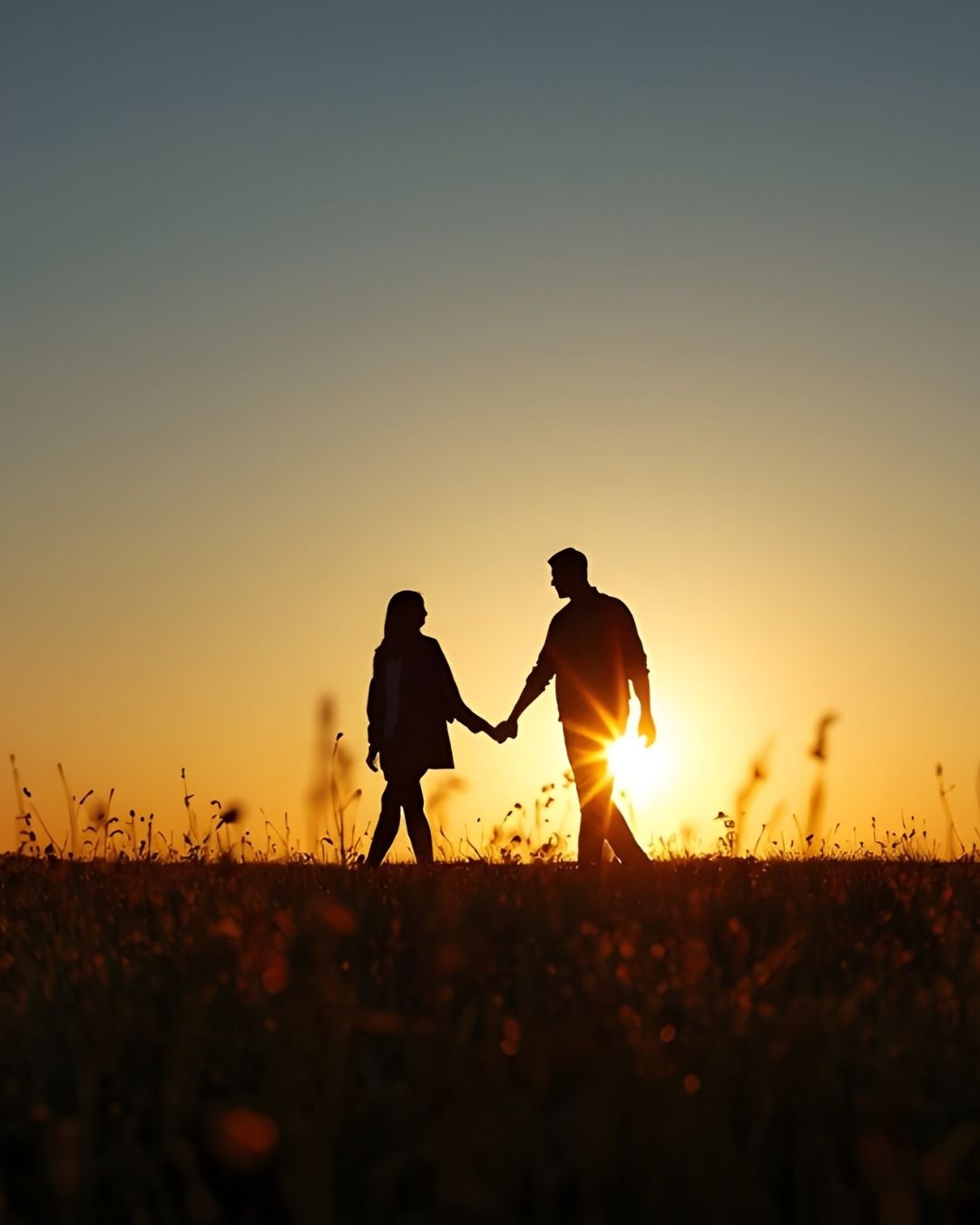 A couple holding hands as the sun is setting