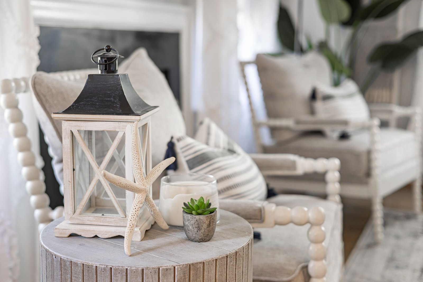 Elegant coastal-themed side table in the personal growth counselling room at The Beach Haven